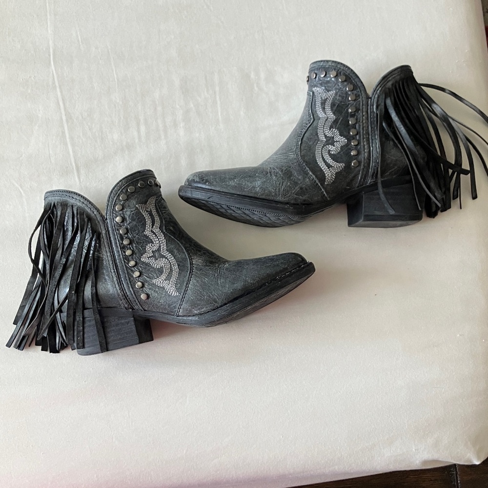 Fringe Western Ankle Boots - Black Leather